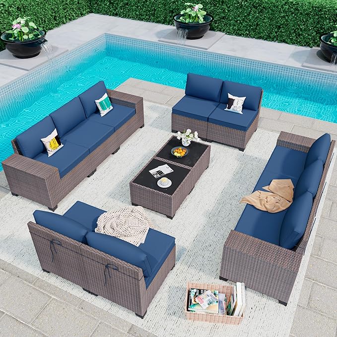 12PCS Outdoor Patio Furniture Set,PE Rattan Wicker Patio Conversation Set with Washable Cushions & Glass Coffee Table,Patio Sectional Furniture Set for Garden, Poolside, Backyard,Navy