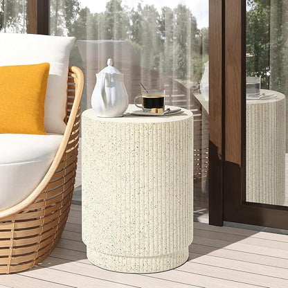 LuxenHome Cream Cement Round Outdoor Side Table, Set of 2