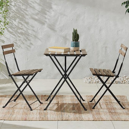 Folding Patio Bistro Set – 3-Piece Acacia Wood and Steel Café Table and Chairs for Porch, Deck, Garden, or Balcony Furniture by Lavish Home (Brown)