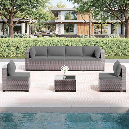 7 Pieces Outdoor Patio Furniture Set with Coffee Table, PE Wicker Rattan Outdoor Sectional Patio Set with Thick Cushion, Outdoor Patio Conversation Set for Backyard, Garden, Deck, Grey