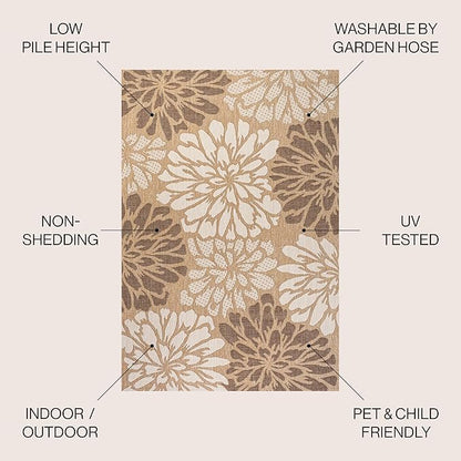 JONATHAN Y Floral Textured Weave Indoor Outdoor Round Area Rug 6 Ft Brown/Cream, Zinnia Modern for Backyard, Patio, Porch, Easy-Cleaning, High Traffic, Pet-Friendly, Non-Shedding (SMB110I-6R)