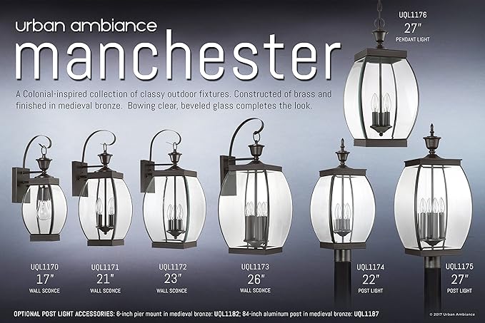 Urban Ambiance Luxury Colonial Outdoor Wall Light, Large Size: 22.5" H x 9" W, with Transitional Style Elements, Bowed Design, Gorgeous Dark Medieval Bronze Finish and Beveled Glass, UQL1172