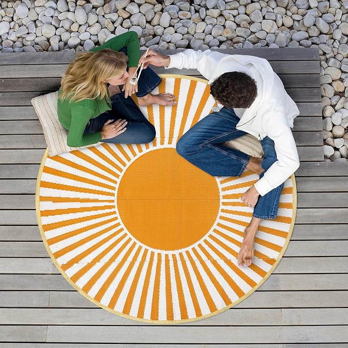 Anidaroel Round Outdoor Rugs 6ft for Patios Clearance, Waterproof Reversible Plastic Straw Patio Rug, Outside Area Rug Floor Mat for Backyard, Porch, Balcony, Pool Deck, RV Camping, Picnic(Orange,6ft)