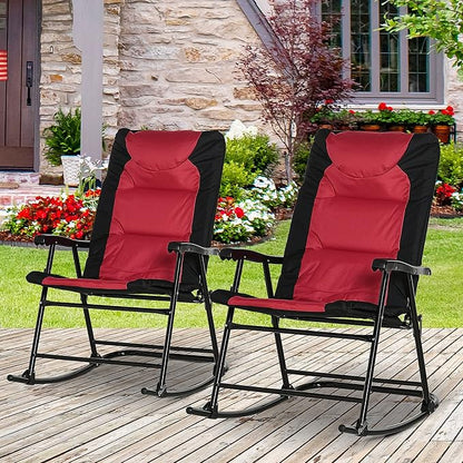 Outsunny Oversized Folding Rocking Camping Chair Set of 2, Padded Outdoor Rockers with High Back and Armrests, Portable Outdoor Patio Chairs with Steel Frame for Garden, Porch, Lawn, Red