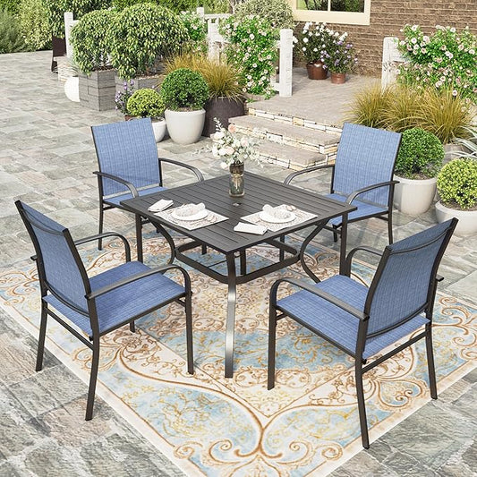 HERA'S HOUSE Patio Table and Chairs for 4, 5 Pieces Outdoor Deck Dining Furniture Sets, Square Metal Dining Table Set with Chairs for Lawn Garden Backyard, Blue