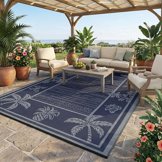 Garvee Outdoor Rug 8x10 Waterproof for Patios, Reversible Plastic Straw Rug, Tropical Leaf Indoor Outdoor Rugs, Large Area Rug for RV, Camping, Deck, Picnic Mat, Outside Carpet