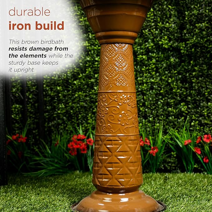 Alpine Corporation ORS112BR Vintage Outdoor Shallow Bowl Metal Pedestal Birdbath with Stand, 28" H, Brown
