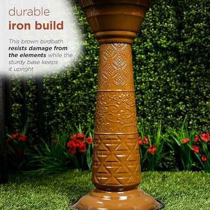 Alpine Corporation ORS112BR Vintage Outdoor Shallow Bowl Metal Pedestal Birdbath with Stand, 28" H, Brown