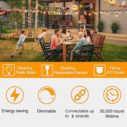 ZOTOYI Outdoor String Lights 150 FT, Waterproof IP65 Outdoor Lights for Patio with 76 Edison ST38 LED Bulbs(3 Spare), Plastic LED String Lights for Outside, Bistro, Cafe, Backyard, Garden 2700K