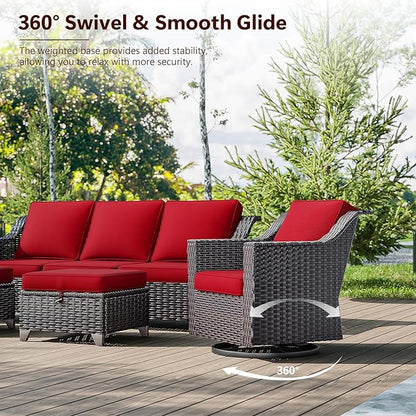 8 Pieces Wicker Patio Furniture, Luxury Outdoor Furniture with 2 Patio Swivel Chair, 2 Patio Chair, 3-Seater Sofa, 2 Patio Ottoman and 1 Side Table, Wide Armrest, Thickened Cushions