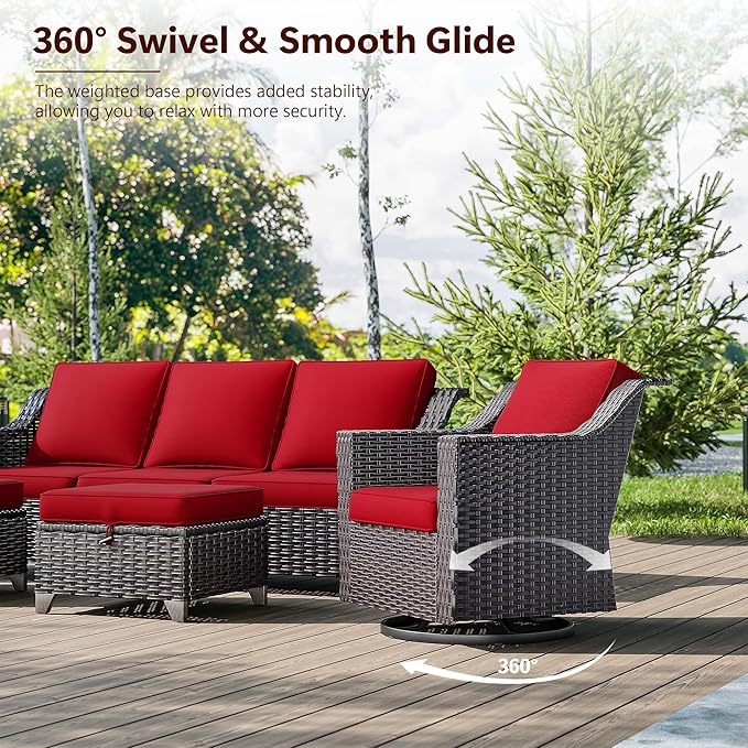5 Pieces Wicker Patio Furniture, Luxury Outdoor Furniture with 2 Patio Swivel Chair, 2 Patio Ottoman and 1 Side Table, Wide Armrest, Thickened Cushions, Ideal for Deck, Porch Use