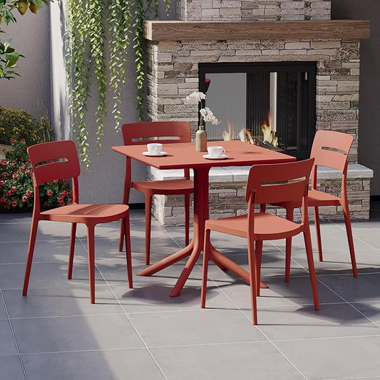 Costaelm 5-Piece Outdoor Dining Set, HDPE Patio Square Bistro Table and Stackable Chairs Sets for 4, Patio Furniture All Weather for Backyard Poolside, Red