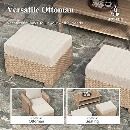 HERA'S HOUSE 8-Piece Patio Furniture Set, All Weather 9 Seats Outdoor Wicker Sofa with Ottomans, Rattan Patio Conversation Set with 5.5" Cushions and 57" Fire Pit Table, Beige