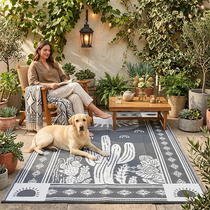 Garvee Waterproof Outdoor Rug 5x8, Cactus Botanical Outdoor Plastic Straw Rug for Camping, Reversible RV Mat Outside, Indoor Outdoor Carpet for Porch, Deck, Backyard, Balcony, Picnic, Grey