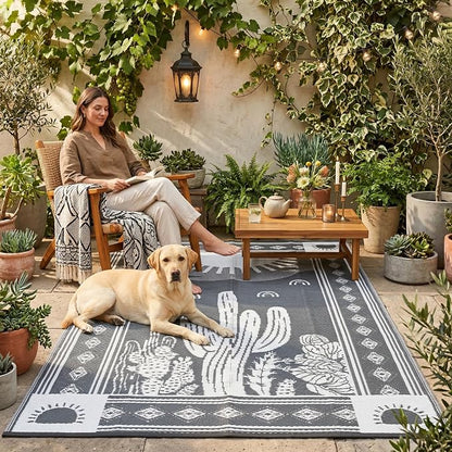 Garvee Waterproof Outdoor Rug 5x8, Cactus Botanical Outdoor Plastic Straw Rug for Camping, Reversible RV Mat Outside, Indoor Outdoor Carpet for Porch, Deck, Backyard, Balcony, Picnic, Grey