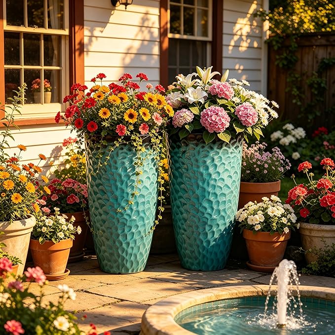 23.75" H Large Tall Outdoor Planters, Set of 2 Plastic Large Flower Pots for Outdoor Plants, with Turquoise Teal Honeycomb Texture, Weather-Resistant for Porch, Garden, Patio or Indoor Use