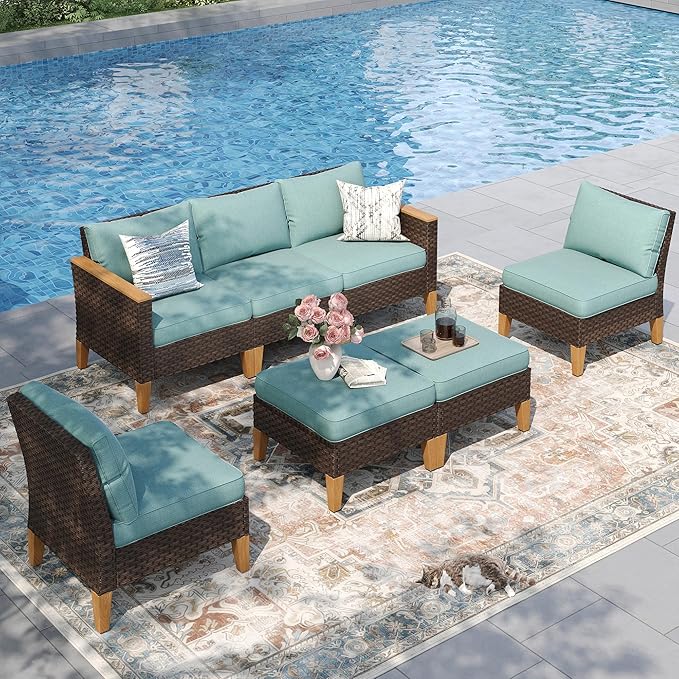 PHI VILLA 7-Piece Outdoor Wicker Patio Conversation Set, Rattan Sectional Daybed Furniture Patio Set for 7 Seats with Cushioned 3 x Armrest Chair, 2 x Ottoman and 2 x Armless Sofa, Blue