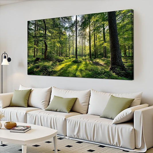 Tarfupth Large Forest Wall Art for Living Room Green Woodland Landscape with Sunlight Modern Nature Wall Decor for Bedroom Office Home Decor 29"x58"