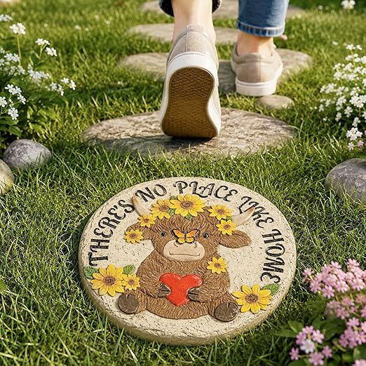 GIGALUMI Garden 10" Stepping Stones Outdoor, High Land Cow Grandma Garden Stones, Hand Print Garden Decorations Walkway, Round Highland Cow Decorative Stepping Stone, Gifts for Grandma, Mom, Sister