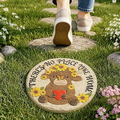 GIGALUMI Garden 10" Stepping Stones Outdoor, High Land Cow Grandma Garden Stones, Hand Print Garden Decorations Walkway, Round Highland Cow Decorative Stepping Stone, Gifts for Grandma, Mom, Sister