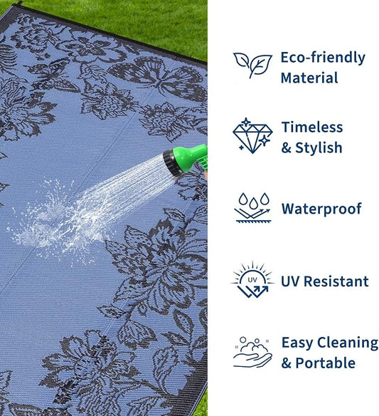 Garvee Outdoor Rugs 8’x10’ Waterproof Reversible Mats, Large Area Plastic Straw Rug, Outside Carpet, Butterfly Floral Rv Mat for Patio Camping Picnic Backyard Deck Balcony Porch Beach Trailer
