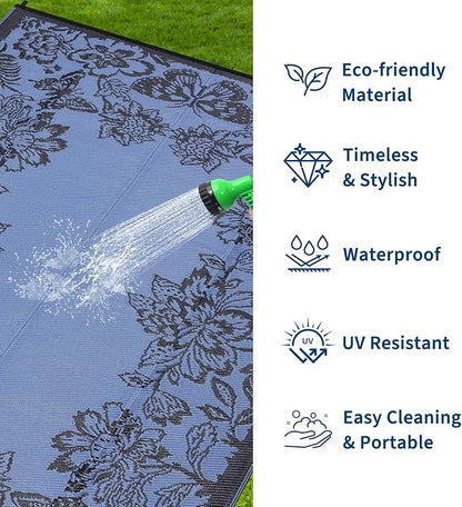 Garvee 5’x8’ Waterproof Patio Outdoor Rug, Outdoor Plastic Straw Rug for Camping, RV Mat Outside, Indoor Outdoor Carpet for Porch, Deck, Backyard, Balcony, Picnic, Dark Blue & Teal
