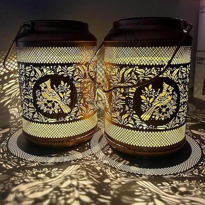 Solar Lantern with Hollow Metal Design, Garden Hanging Light, Copper Color for Outdoor Yard,Patio,Garden Decor (2)