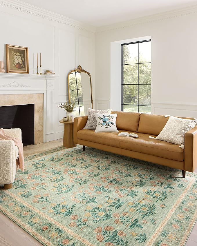 Loloi Rifle Paper Co. Eden Collection EDE-01 Mughal Rose Moss 2'-6" x 7'-6" Runner Rug feat. CloudPile™