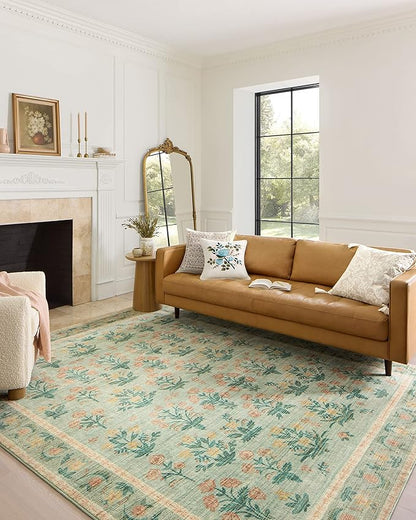 Loloi Rifle Paper Co. Eden Collection EDE-01 Mughal Rose Moss 2'-6" x 7'-6" Runner Rug feat. CloudPile™