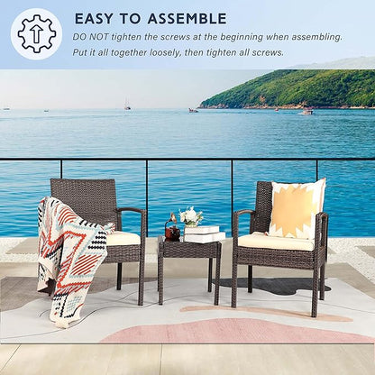 3 Piece Outdoor Patio Furniture Sets, Rattan Conversation Set with Soft Cushion, Wicker Chairs with Coffee Table for Yard Backyard Lawn Porch Poolside Balcony, Beige