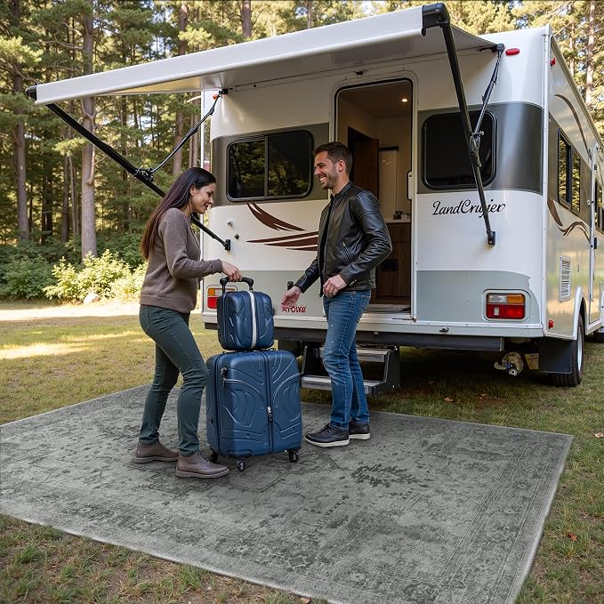GENIMO Outdoor & Indoor Area Rug 5'x8', Waterproof, Non-Shedding, Easy Cleaning, Boho Mat for Patio, Living Room, Balcony, Dining Room, RV, Deck, Bedroom, Camping, Outside Carpet,Dark Grey