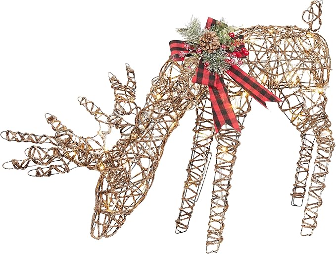 Alpine Corporation 27" Tall Rattan Grazing Reindeer with Bow and LED Lights, Indoor/Outdoor Christmas Lawn and Yard Decor, Festive Holiday Decoration