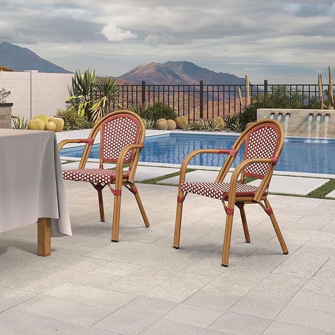 PURPLE LEAF French Bistro Chairs Set of 2 Patio Dining Chairs Hand-Woven Aluminum Wicker Rattan Armchairs for Kitchen Porch Garden Bamboo Print Finish Red White
