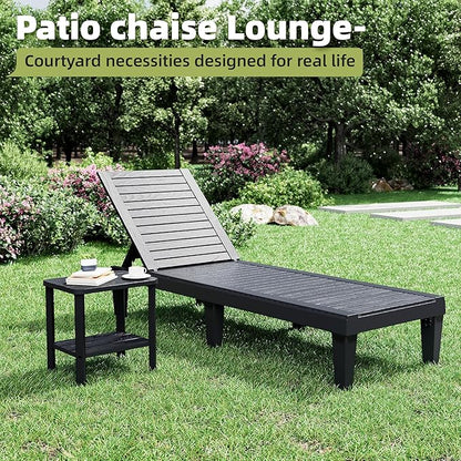 Outdoor Lounge Chairs Set of 2, 5-Position Adjustable Tanning Chairs with Wood Grain, All-Weather Resin Patio Recliners for Pool, Garden, Deck, Beach, Patio Lounge Chairs, Texture Black