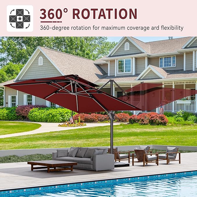 10' X 10' Cantilever Patio Umbrella Outdoor with Base Included Heavy Duty Double Top Windproof Square Offset Umbrellas with 360-degree Rotation for Pool Deck Backyard, Wine Red