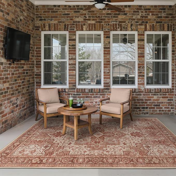 GENIMO Outdoor & Indoor Area Rug 4'x6', Waterproof, Non-Shedding, Easy Cleaning, Boho Mat for Patio, Living Room, Balcony, Dining Room, RV, Deck, Bedroom, Camping, Outside Carpet,Brown Red