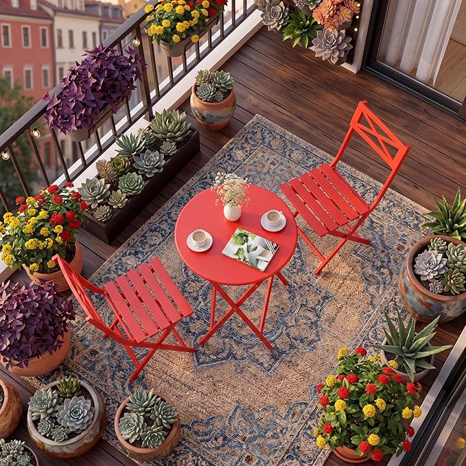 GarveeTech 3-Piece Folding Bistro Set, Heavy Duty Outdoor Patio Furniture with 2 Chairs & 1 Table, Weather-Resistant Steel Frame, No Assembly Required for Garden, Yard, Balcony,Red