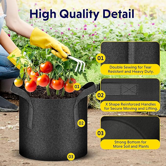 iPower 5-Pack 5 Gallon Plant Grow Bags Thickened Nonwoven Aeration Fabric Pots Heavy Duty Durable Container, Strap Handles for Garden, Black