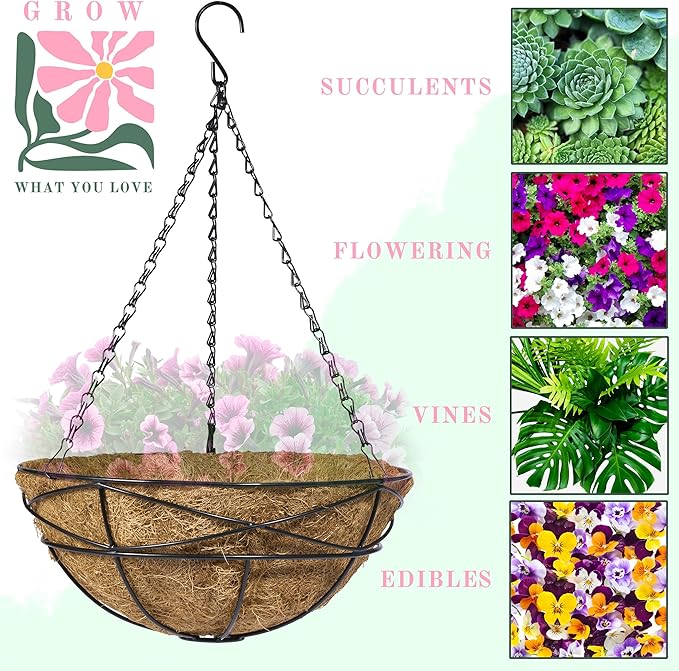 Sorbus 4 Pack Metal Hanging Planter Basket Huge 12 Inch Hanging Flower Pot Basket & Coco Coir Liner for Indoor/Outdoor Garden Décor, Perfect for Home, Garden, Patio, Deck (Black)