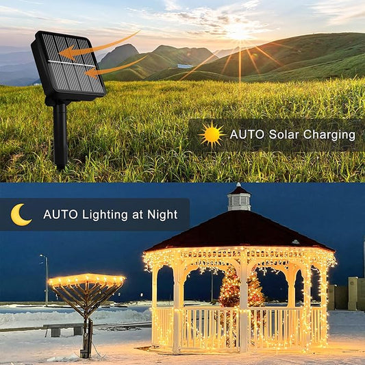 2Pack-300LED Solar String Lights, 112Ft Solar String Lights Outdoor with 8 Modes ，Solar Christmas Lights Outdoor Waterproof for Yard, Fence,Balcony, Party,Christmas Tree Decorations (Warm White)
