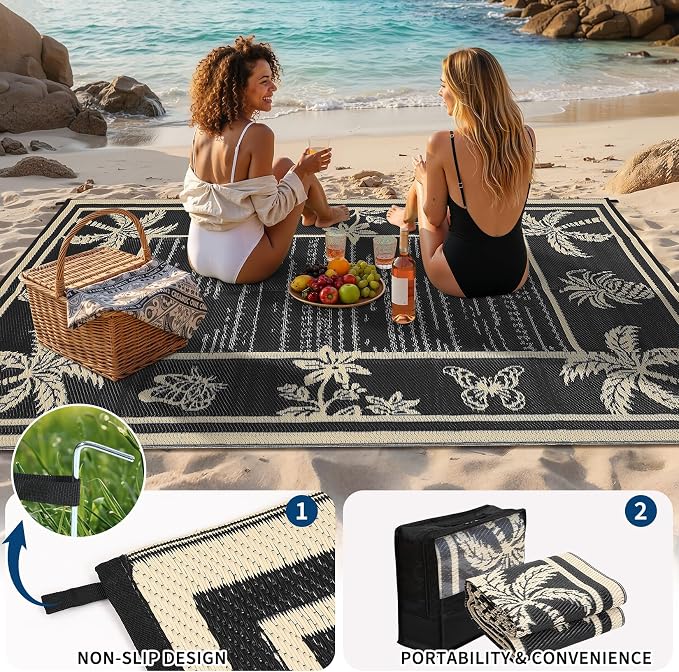 Garvee Outdoor Rug 5x8 Waterproof for Patios, Reversible Plastic Straw Rug, Tropical Leaf Indoor Outdoor Rugs, Large Area Rug for RV, Camping, Deck, Picnic Mat, Outside Carpet, Black & Brown