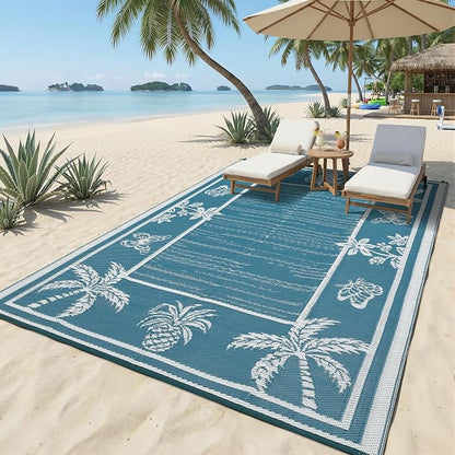 Garvee Outdoor Rug 8x10 Waterproof for Patios, Reversible Plastic Straw Rug, Tropical Leaf Indoor Outdoor Rugs, Large Area Rug for RV, Camping, Deck, Picnic Mat, Outside Carpet, Blue/White