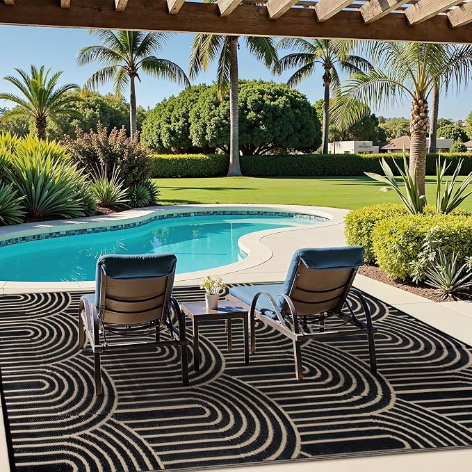 Anidaroel Patio Rugs Outdoor 6’x9’ Clearance Waterproof, Reversible Rainbow Outdoor Plastic Straw Outside Rugs, RV Outdoor Rugs for Camping, Porch, Balcony, Backyard (Black&Brown, 6‘X9')