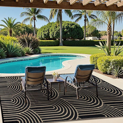 Anidaroel Patio Rugs Outdoor 6’x9’ Clearance Waterproof, Reversible Rainbow Outdoor Plastic Straw Outside Rugs, RV Outdoor Rugs for Camping, Porch, Balcony, Backyard (Black&Brown, 6‘X9')