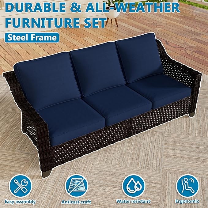VistaVibe 78" Patio Wicker 3-seat Sofa, Deep Seat & Upholstered Loveseat, Outdoor All-Weather Rattan Couch with Removable Cushions, Steel Frame Couch for Garden, Poolside (Brown/Navy)
