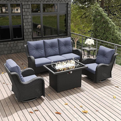 LayinSun 5 Pieces Outdoor Patio Furniture Set with Fire Pit Table, Rattan Wicker Sectional Swivel Rocker Chairs Sets with Swivel Glider Chair and Coffee Table