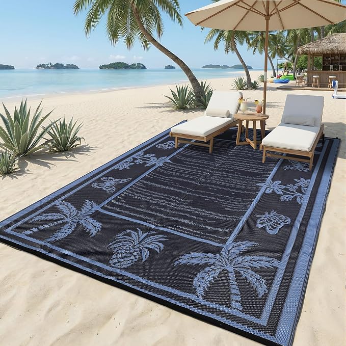 Garvee Outdoor Rug 8x10 Waterproof for Patios, Reversible Plastic Straw Rug, Tropical Leaf Indoor Outdoor Rugs, Large Area Rug for RV, Camping, Deck, Picnic Mat, Outside Carpet