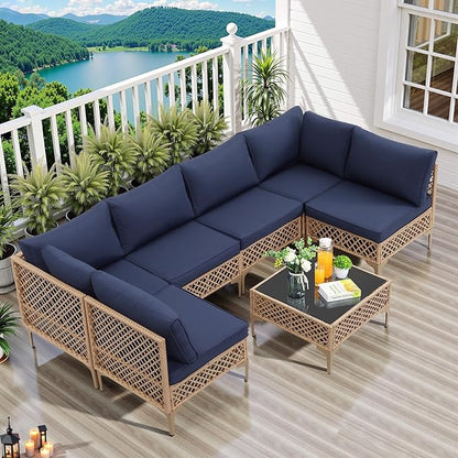 FHFO 7 Piece Outdoor Wicker Patio Furniture Set, Rattan Sectional Sofa Couch, Patio Conversation Set with Cushion & Coffee Table, for Backyard Poolside Porch Garden, Yellow/Blue