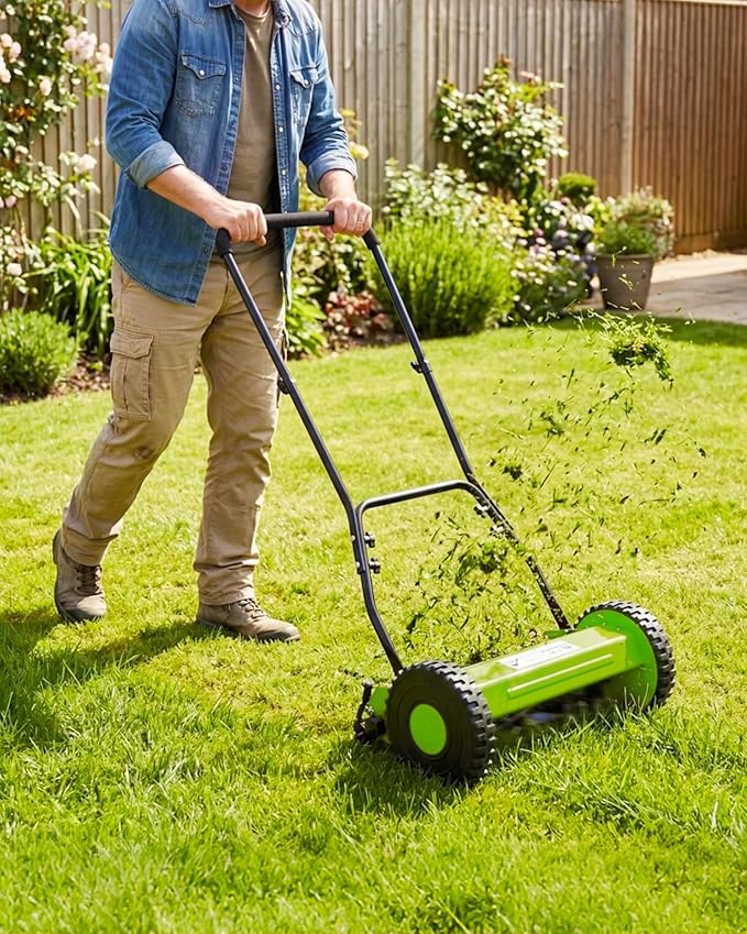 Garvee 14" Push Reel Lawn Mower, 5-Blade Manual Walk-Behind Lawn Mower with Adjustable Cutting Height, Compact Push Mower for Small Yards, Green
