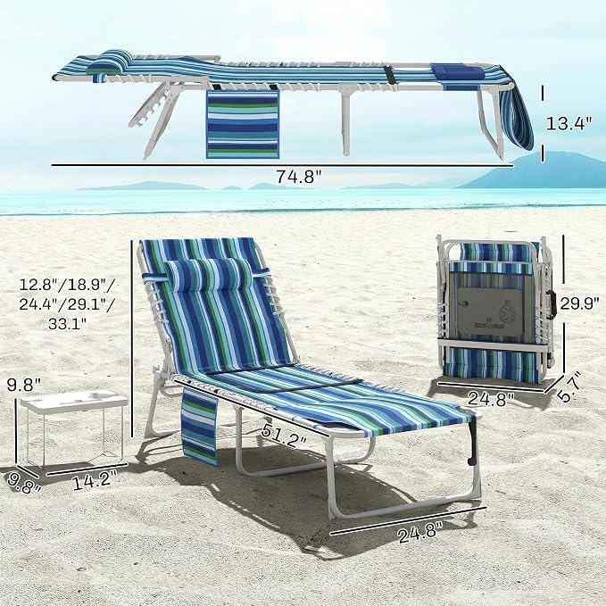 Outsunny Tanning Chair with Face Hole, Side Table, 5-Position Reclining Folding Chaise Lounge Chair Outdoor Lounger Recliner, Carry Straps for Beach Pool Camp, Oxford Fabric, Blue Stripe